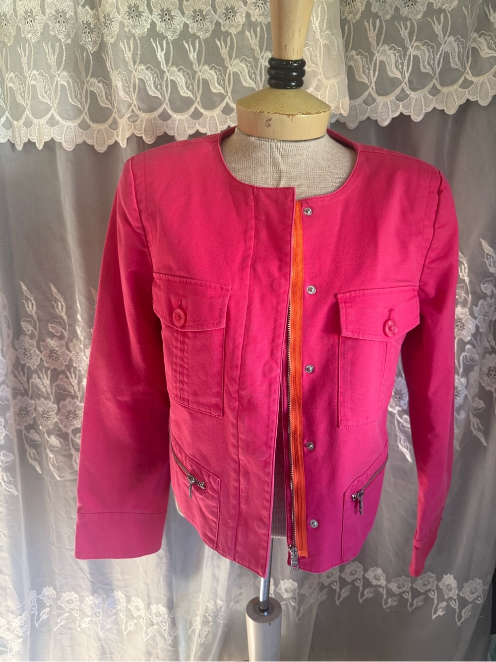 Ellen Tracy Women's Pink Button-Front Utility Jacket with Vibrant Orange lining